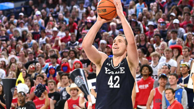 Nov 10, 2023; Spokane, Washington, USA; Yale Bulldogs forward Nick Townsend (42) shoots the ball against the Gonzaga Bulldogs in the first half at McCarthey Athletic Center.